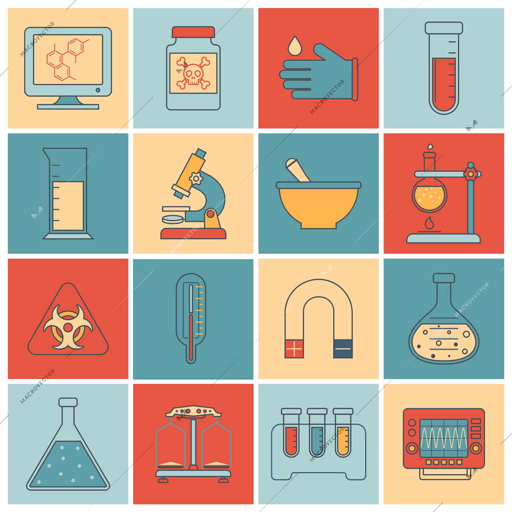 Science and research laboratory flat line icons set with glass microscope mortar and pestle beaker isolated vector illustration