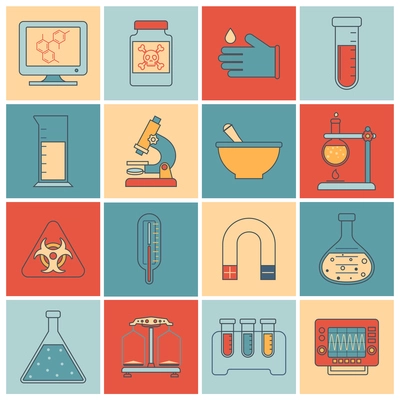 Science and research laboratory flat line icons set with glass microscope mortar and pestle beaker isolated vector illustration