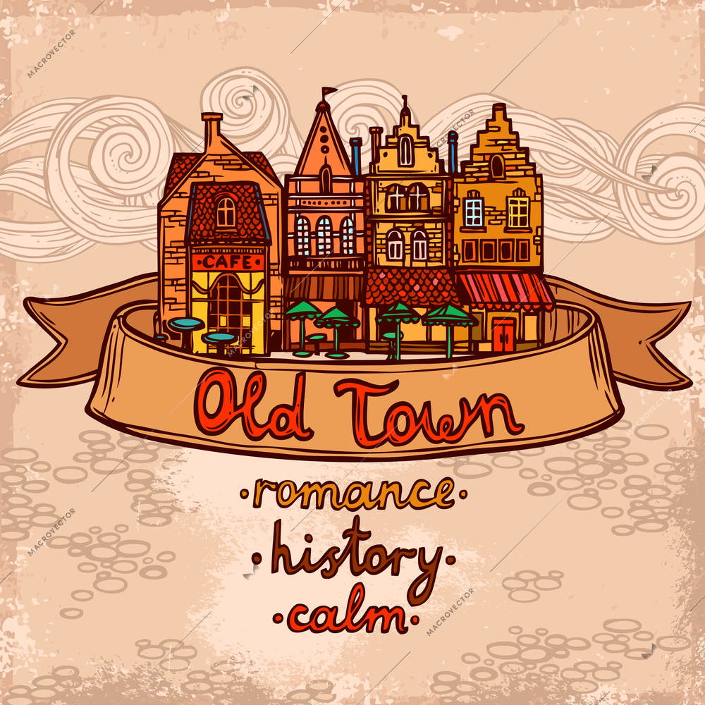 Sketch city decorative background with ribbon and old town romance history calm lettering vector illustration