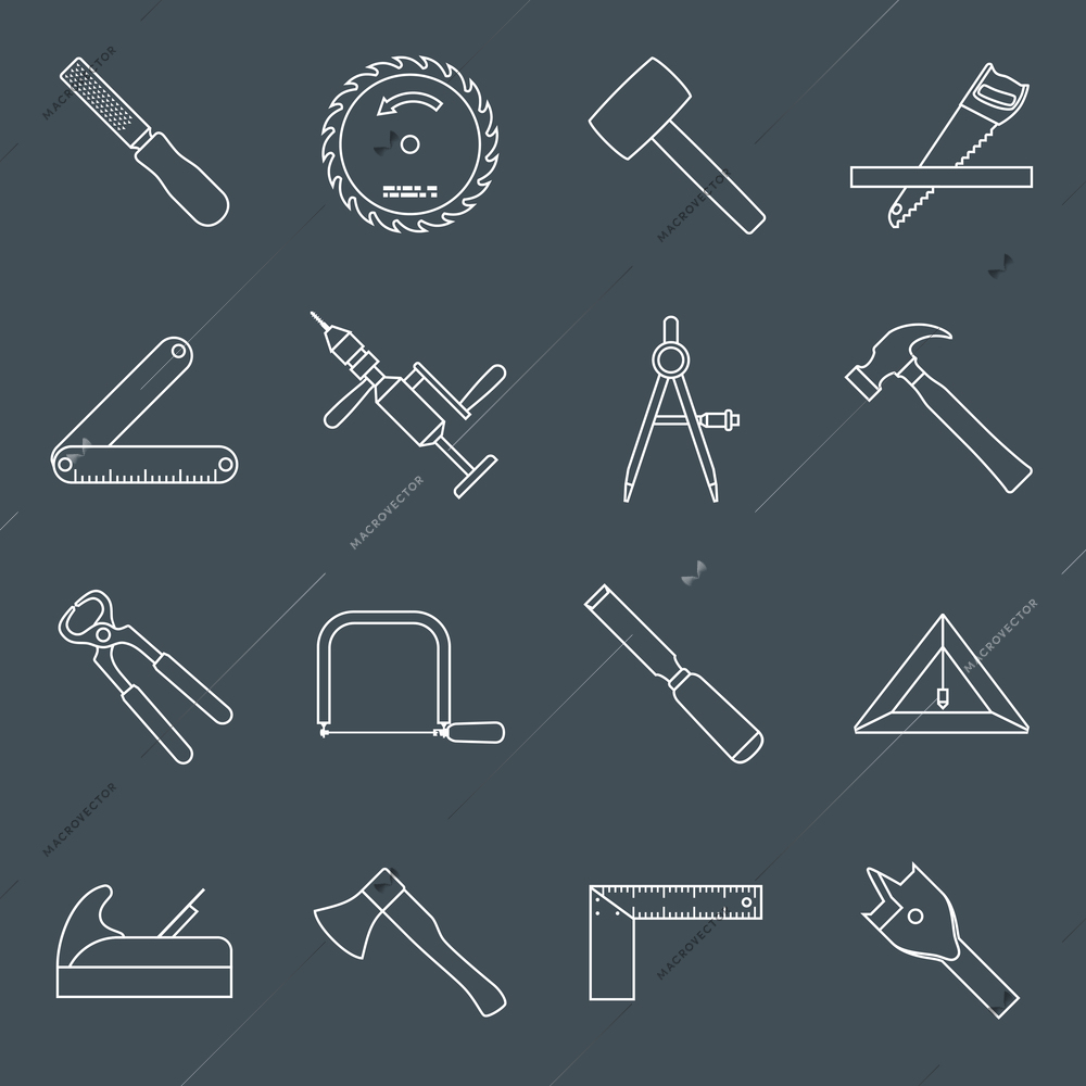 Carpentry wood work tools and equipment outline icons set with hammer saw pliers isolated vector illustration