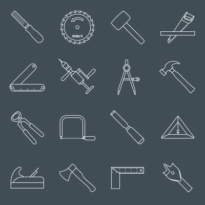 Carpentry wood work tools and equipment outline icons set with hammer saw pliers isolated vector illustration