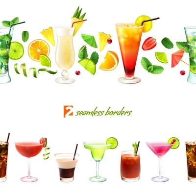 Cocktail seamless border with drinks in glasses and decoration vector illustration