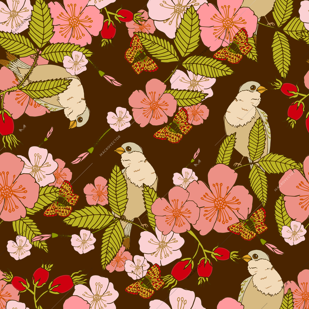 Flowers vintage seamless pattern with birds and butterflyies vector illustration