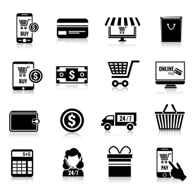 Online shopping e-commerce delivery and promotion commercial services black icons set isolated vector illustration