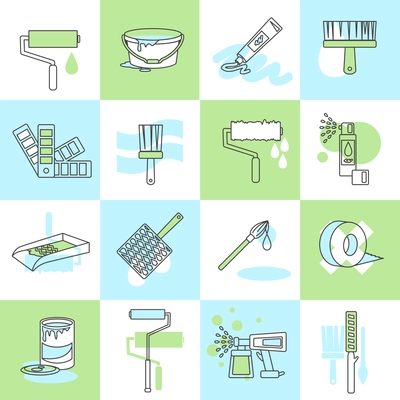 Painting icons flat line set with brush roller spray adhesive tape isolated vector illustration