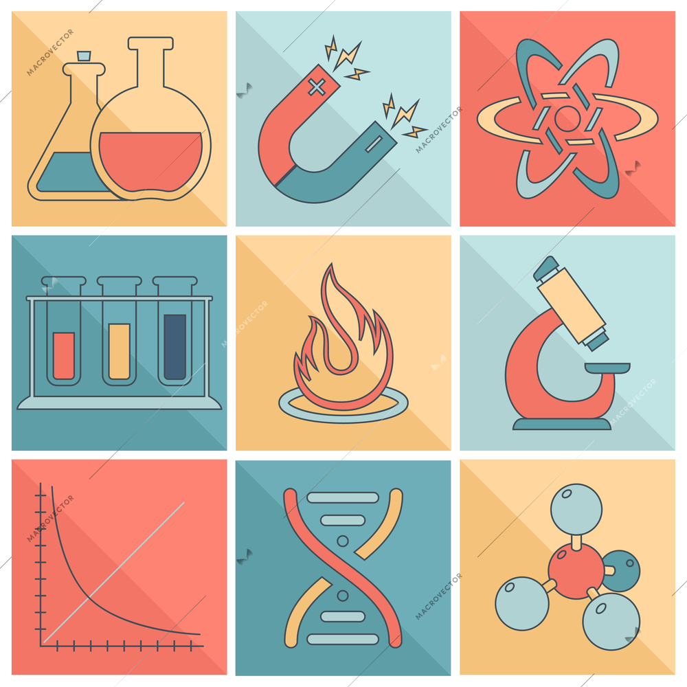 Science and research laboratory flat line icons set with magnet atom dna isolated vector illustration