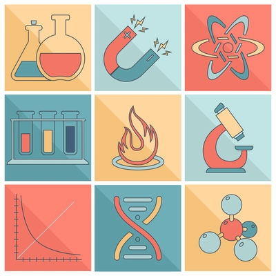 Science and research laboratory flat line icons set with magnet atom dna isolated vector illustration