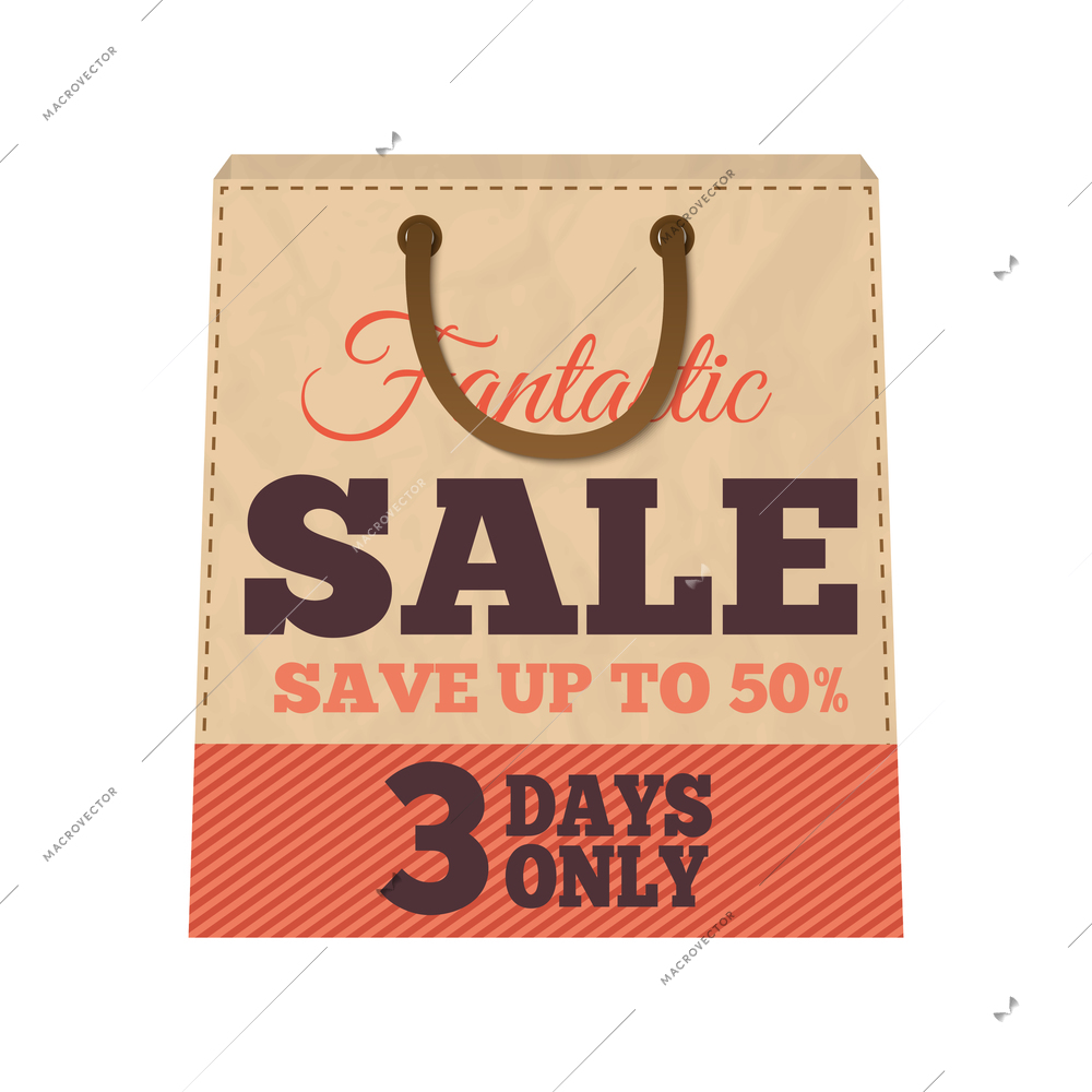 Sale tag bag design composition with isolated image of paper discount bag vector illustration
