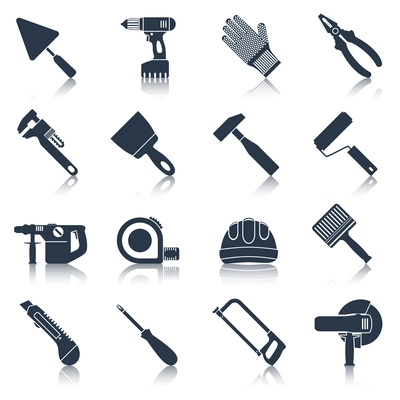 Repair and construction tools black icons set with pliers spanner drill isolated vector illustration