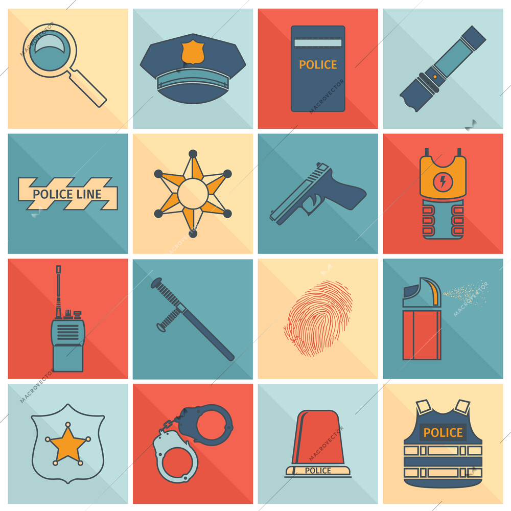 Police crime and justice flat line icons set with magnifier hat shield flashlight isolated vector illustration