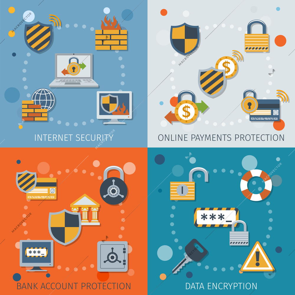 Security flat icons set with internet online payment protection bank account data encryption isolated vector illustration