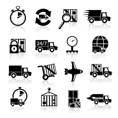 Logistic chain safety fragile delivery transportation black icons set isolated vector illustration