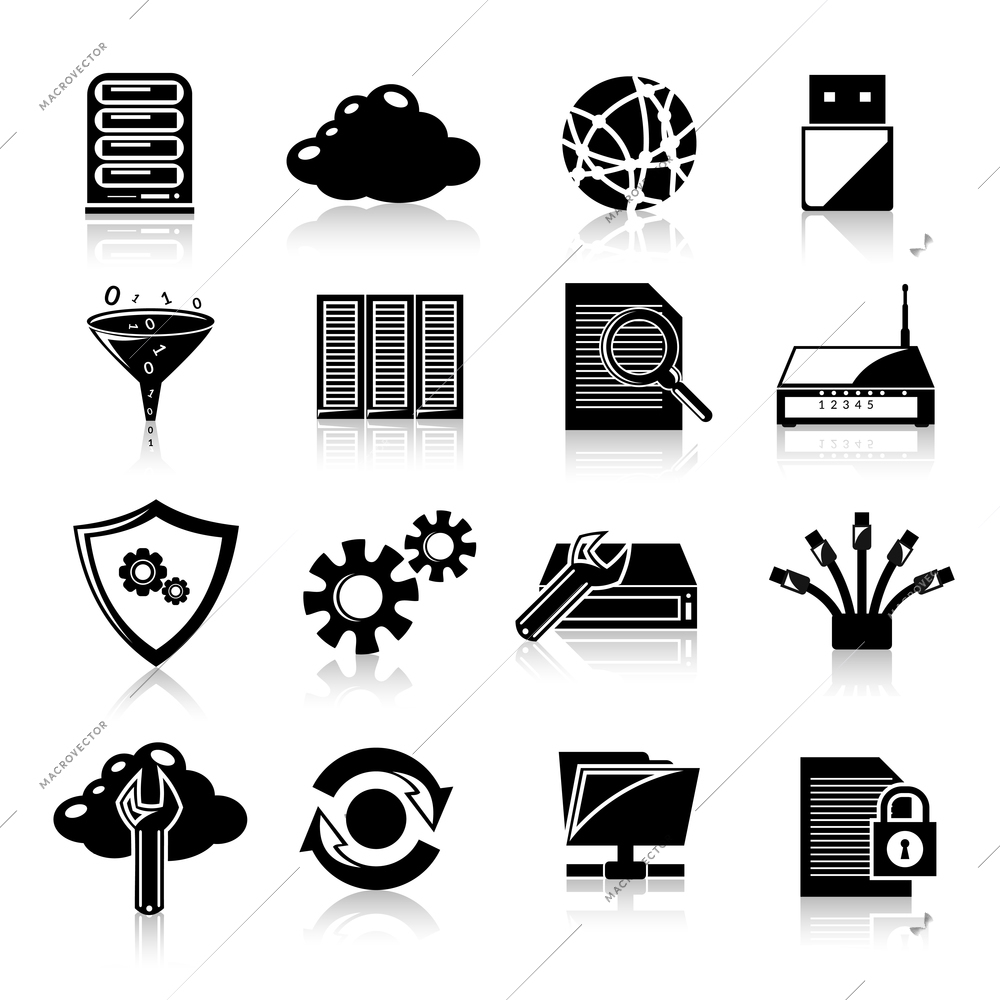 Database information technology network management icons black set isolated vector illustration