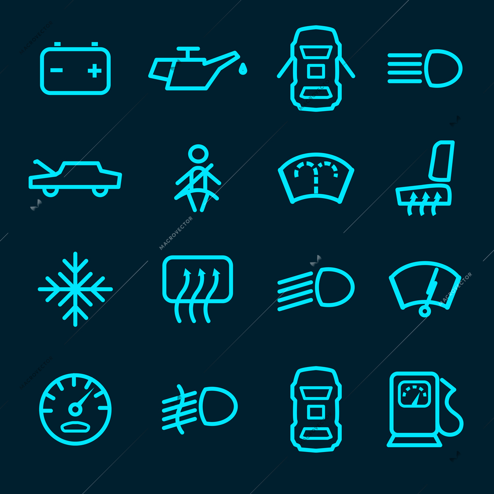 Car dashboard icons set with warning lights fuel door seat symbols isolated vector illustration