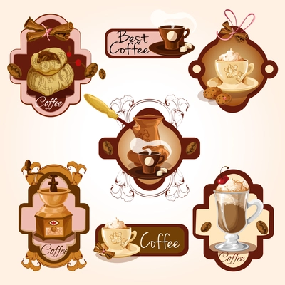 Coffee colored decorative labels set with turk beans cinnamon isolated vector illustration