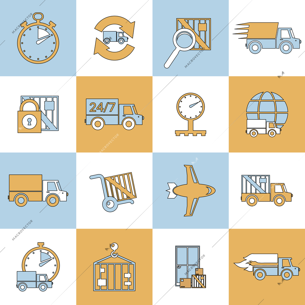 Logistic chain safety fragile package protection delivery transportation flat line icons set isolated vector illustration