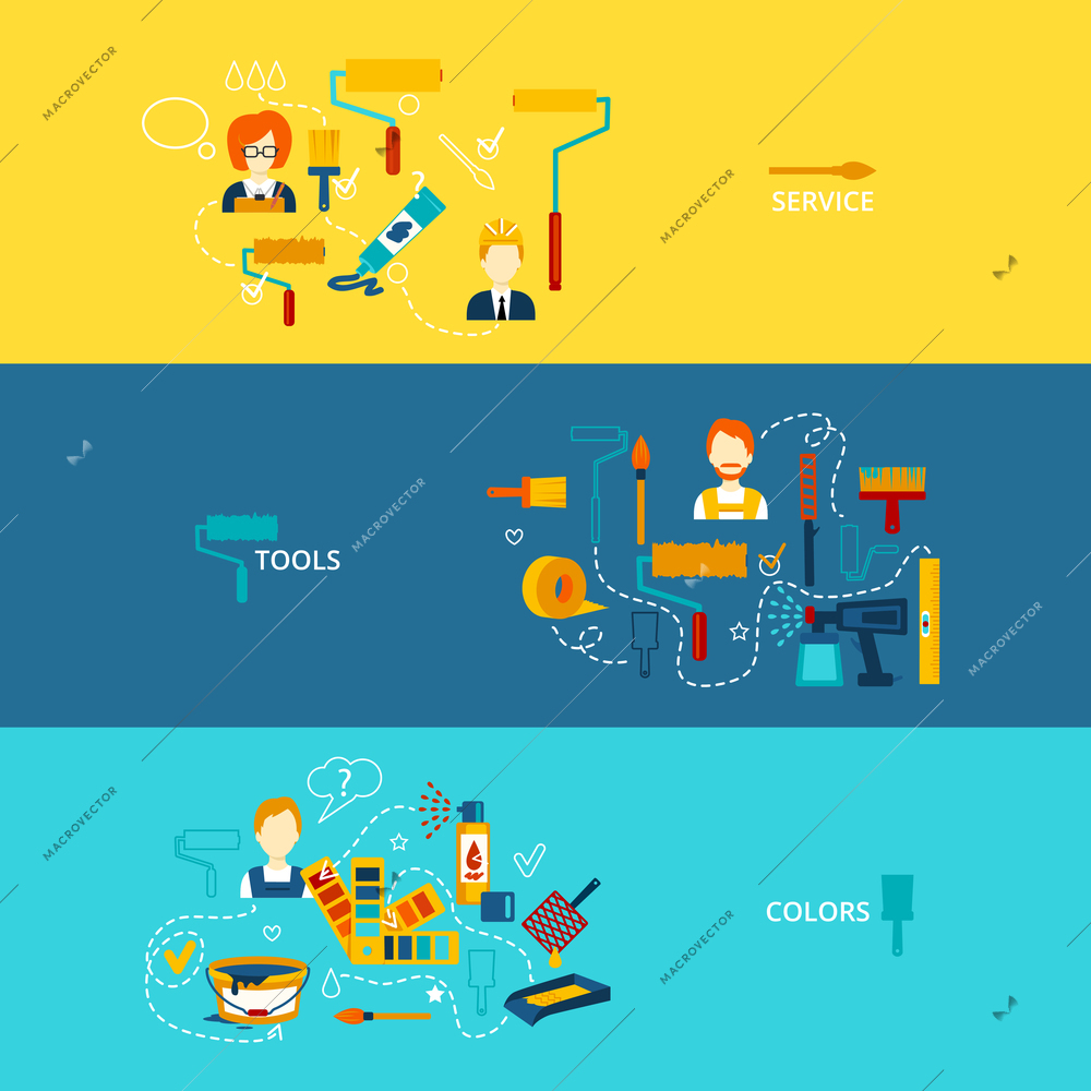 Painting horizontal banner set with service colors tools isolated vector illustration