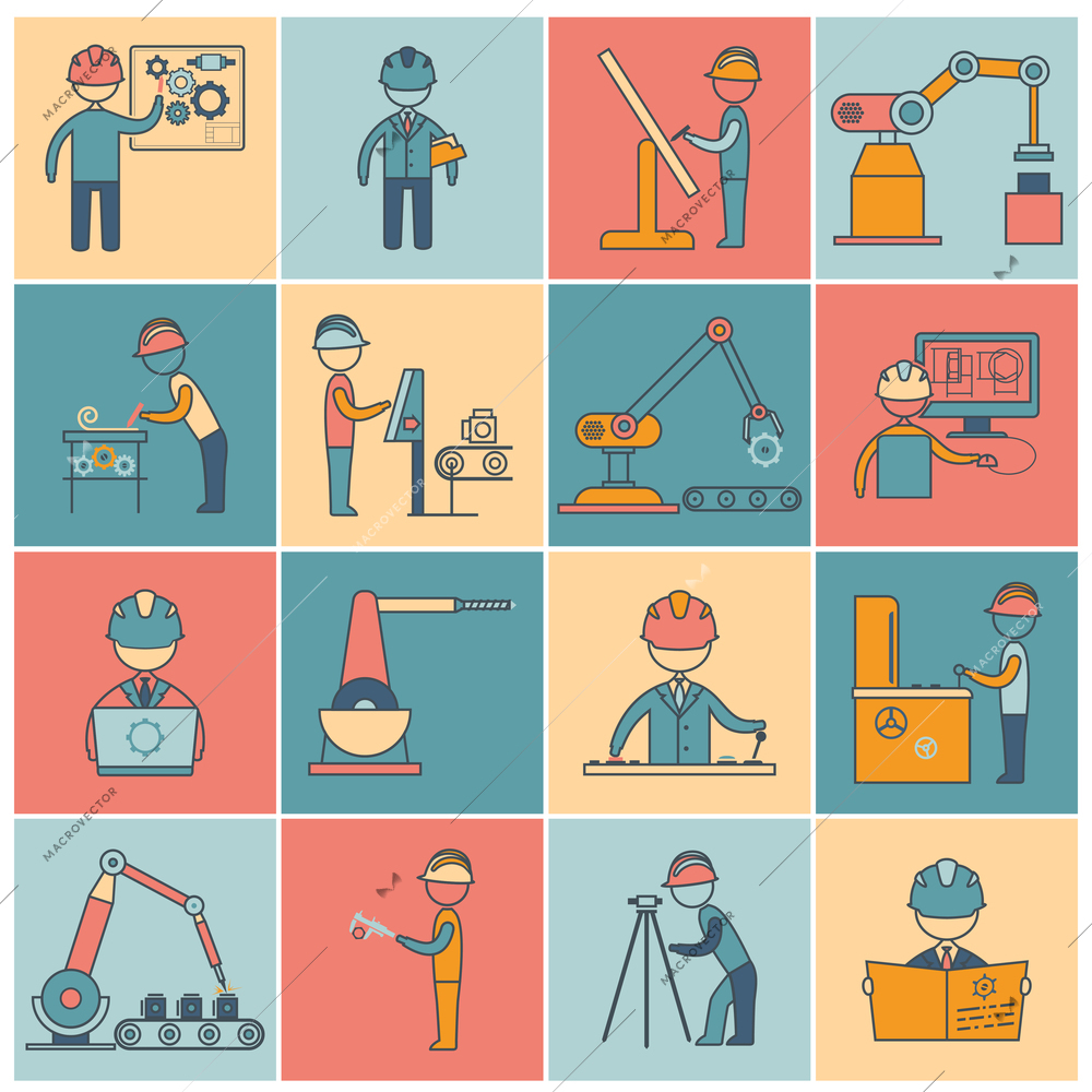 Engineering equipment industrial manufacturing machine operators flat line icons set isolated vector illustration
