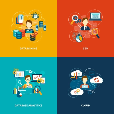 Database analytics icons flat set with data mining seo cloud isolated vector illustration.