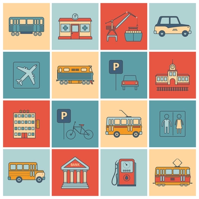 City infrastructure icons flat line set with bus oil bank tram isolated vector illustration