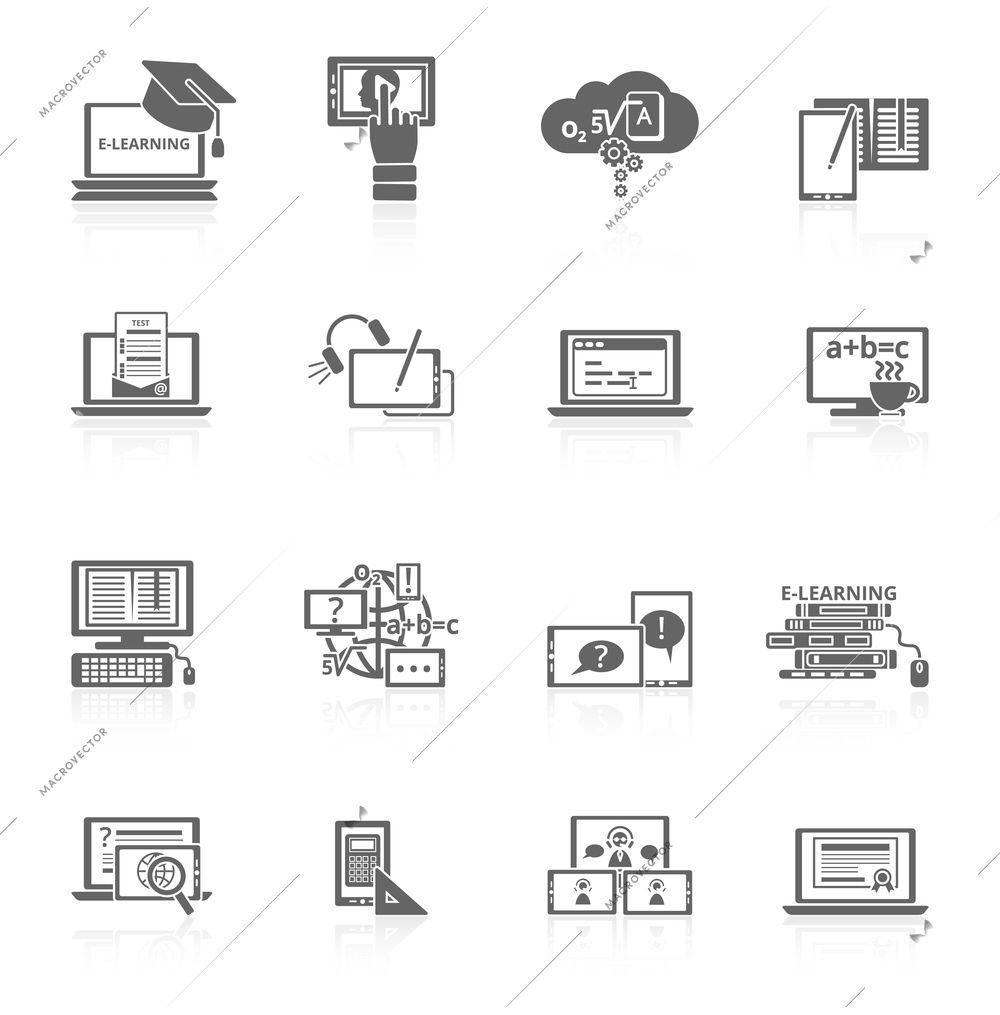 Online education e-learning video tutorial training black icons set vector illustration