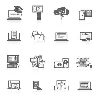 Online education e-learning video tutorial training black icons set vector illustration