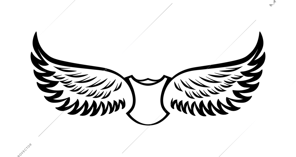 Wings composition with isolated outline shield emblem with two wings on blank background vector illustration