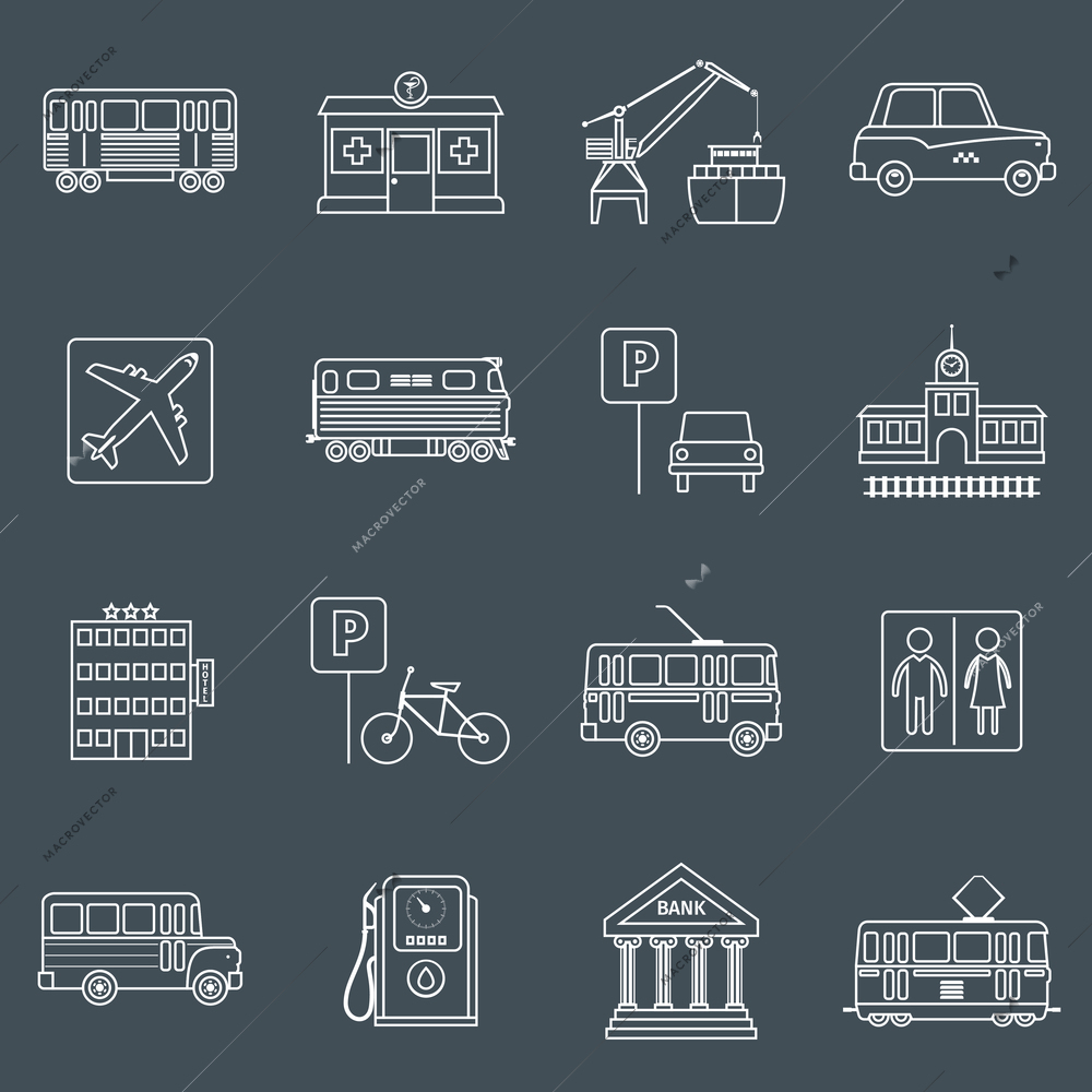 City infrastructure icons outline set with hotel bike trolley toilet isolated vector illustration