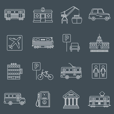 City infrastructure icons outline set with hotel bike trolley toilet isolated vector illustration