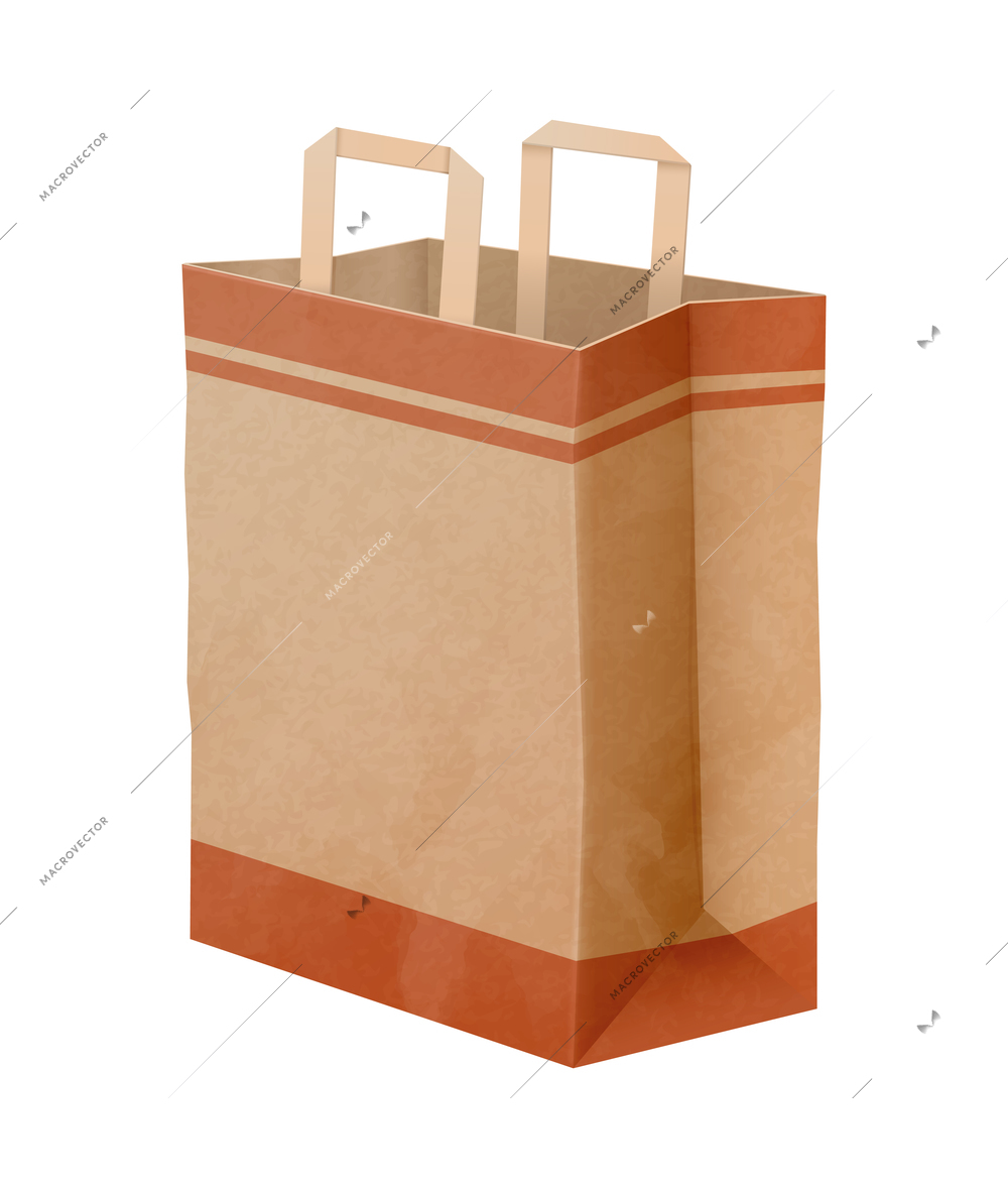 Paper shopping bag composition with isolated image of brown cardboard carrier bag with handles vector illustration