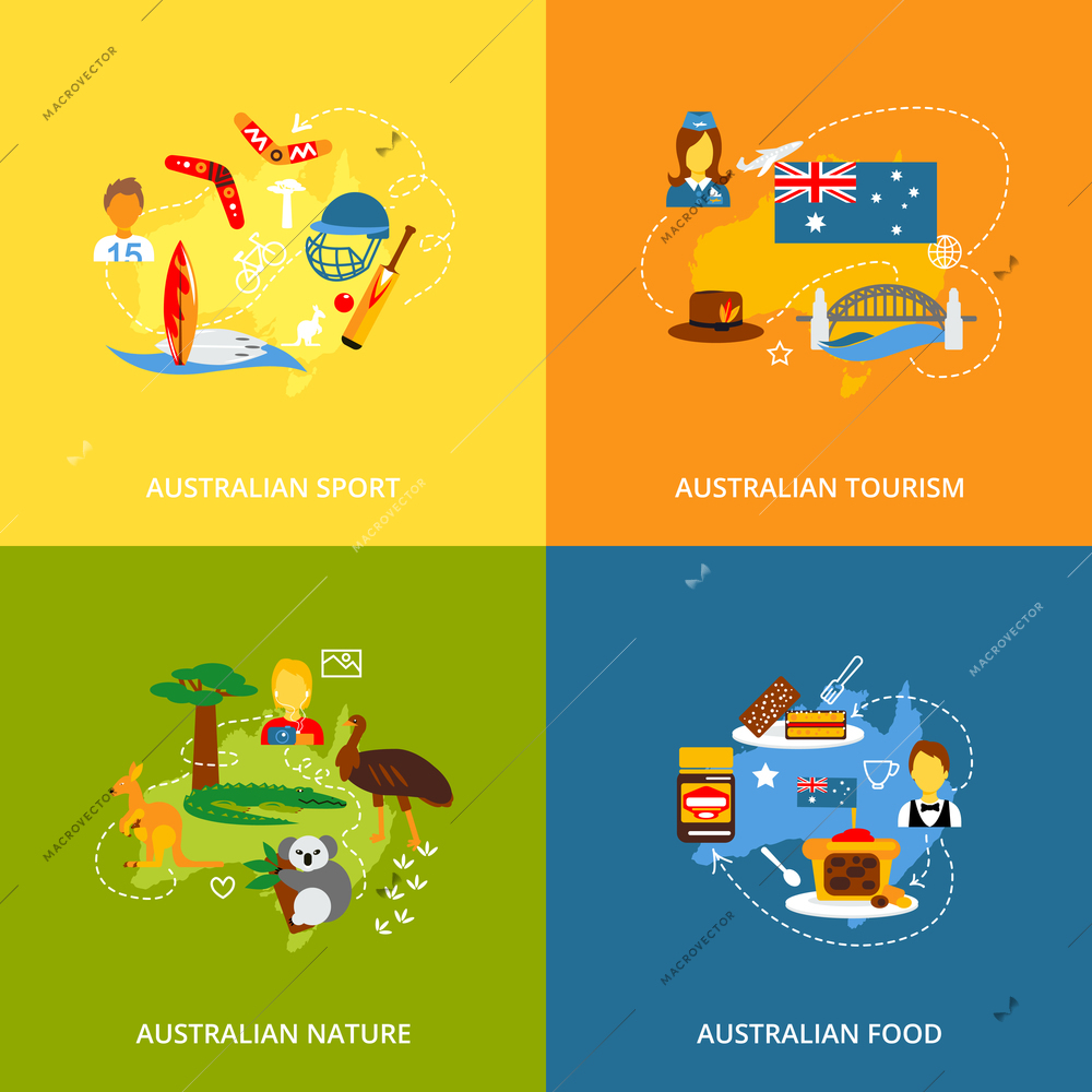 Australia travel icons flat set with australian sport tourism nature food isolated vector illustration