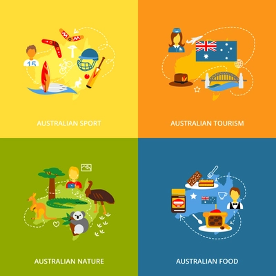 Australia travel icons flat set with australian sport tourism nature food isolated vector illustration