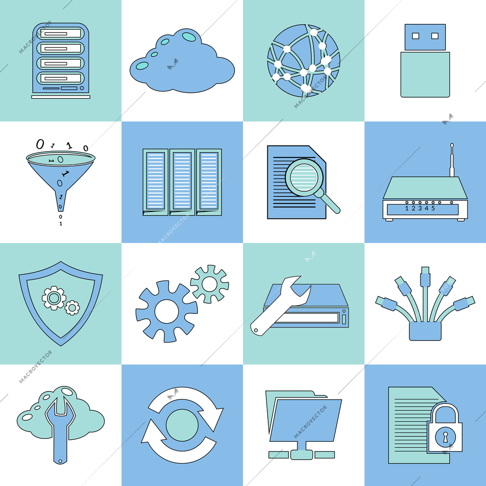 Database information network settings digital analytics icons flat line set isolated vector illustration