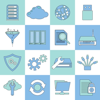 Database information network settings digital analytics icons flat line set isolated vector illustration