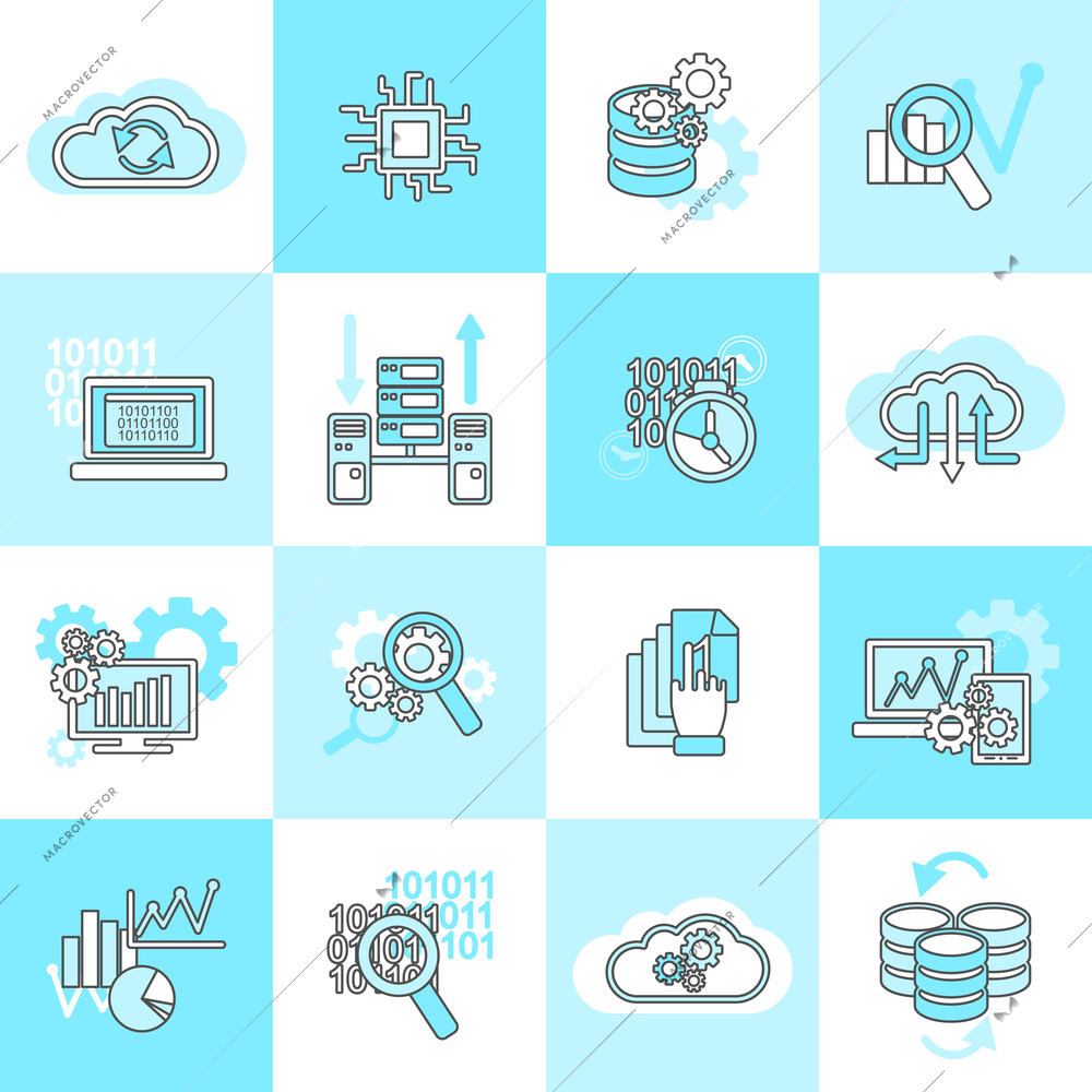 Database analytics information technology network management icons flat line set isolated vector illustration