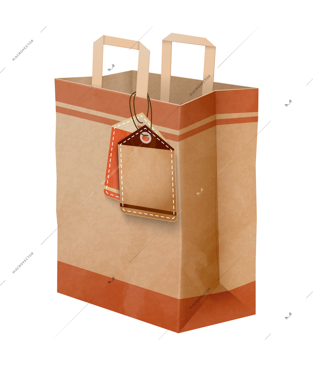 Paper shopping bag composition with isolated image of brown cardboard carrier bag with handles vector illustration