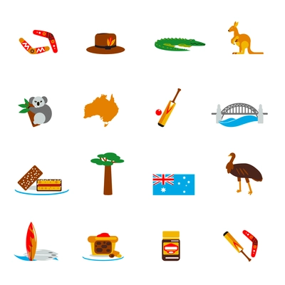 Australia travel icons flat set with koala continent cricket bridge isolated vector illustration
