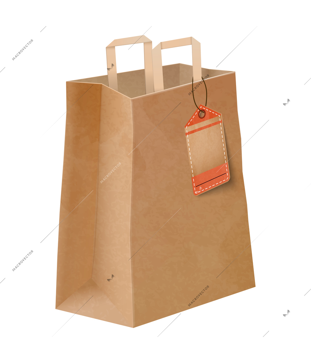 Paper shopping bag composition with isolated image of brown cardboard carrier bag with handles vector illustration