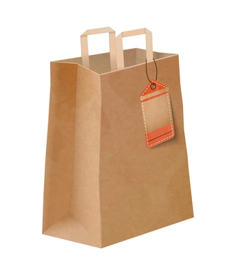 Paper shopping bag composition with isolated image of brown cardboard carrier bag with handles vector illustration