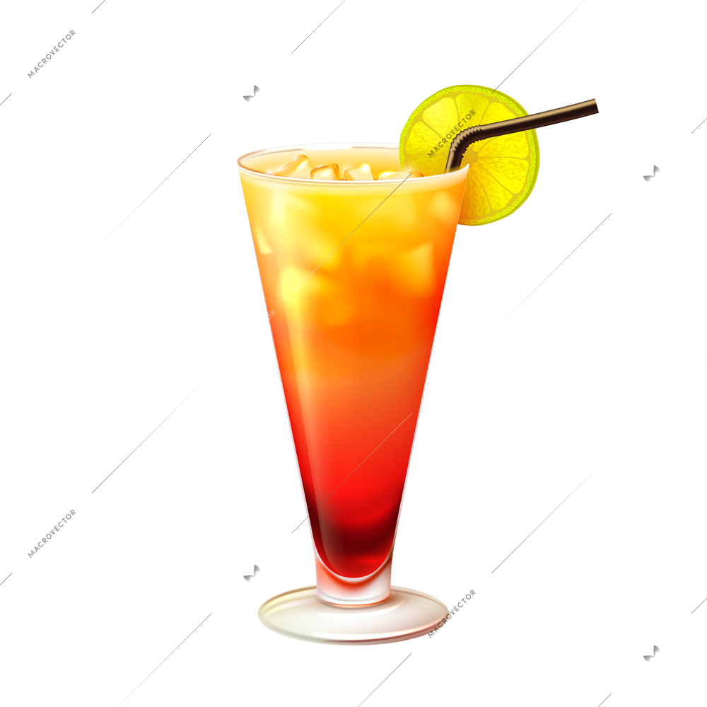 Tequila sunrise realistic cocktail in glass with lemon slice and drinking straw isolated on white background vector illustration