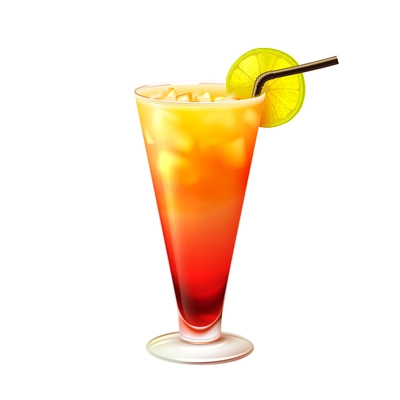 Tequila sunrise realistic cocktail in glass with lemon slice and drinking straw isolated on white background vector illustration