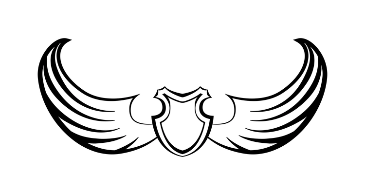 Wings composition with isolated outline shield emblem with two wings on blank background vector illustration