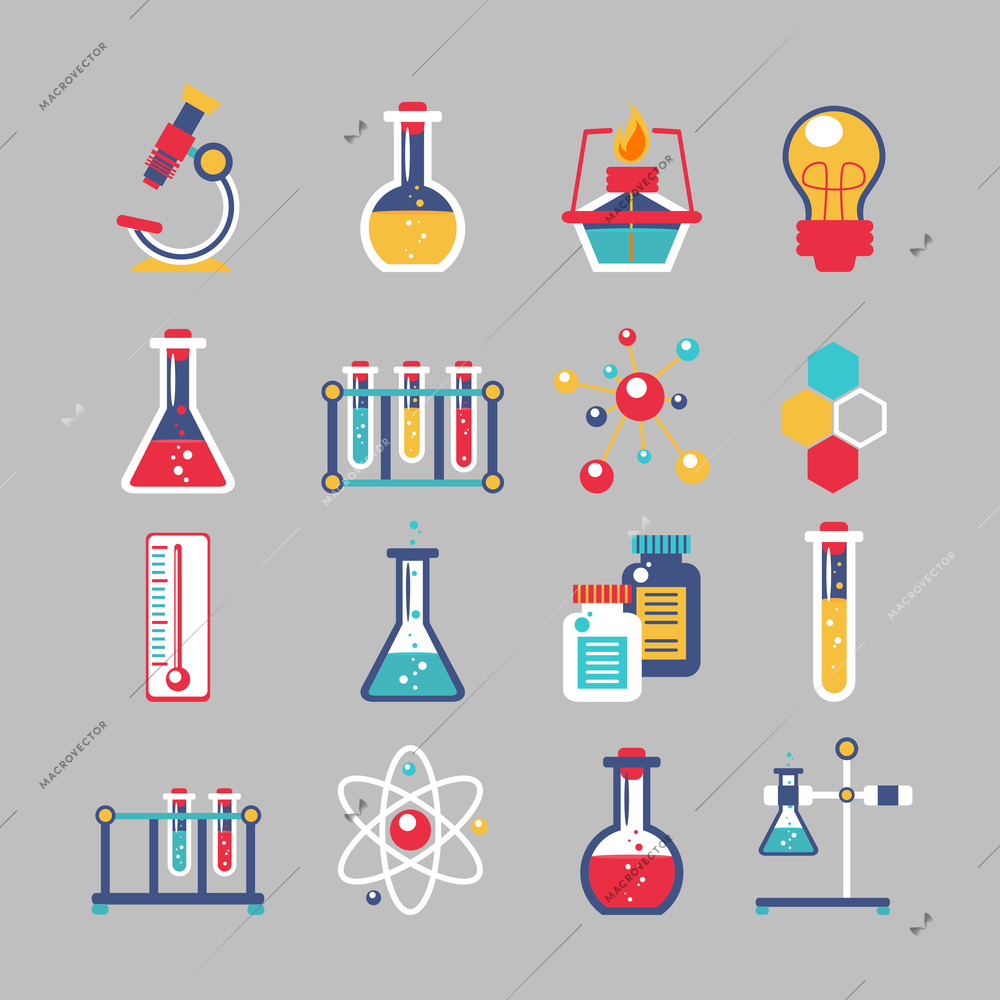 Chemistry decorative icons set with chemical lab scientific experiment equipment isolated vector illustration