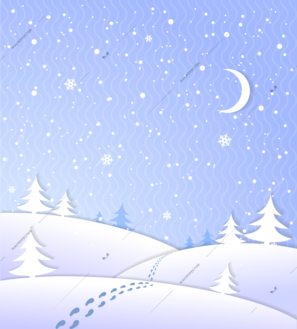 Winter background with falling snow footprints moon and forest vector illustration