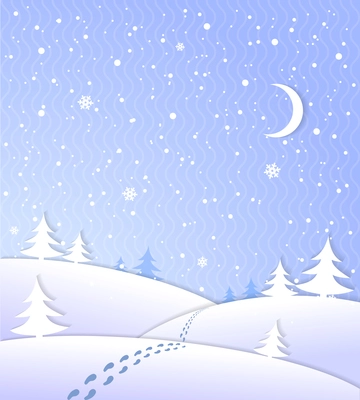 Winter background with falling snow footprints moon and forest vector illustration