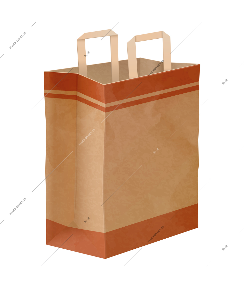 Paper shopping bag composition with isolated image of brown cardboard carrier bag with handles vector illustration