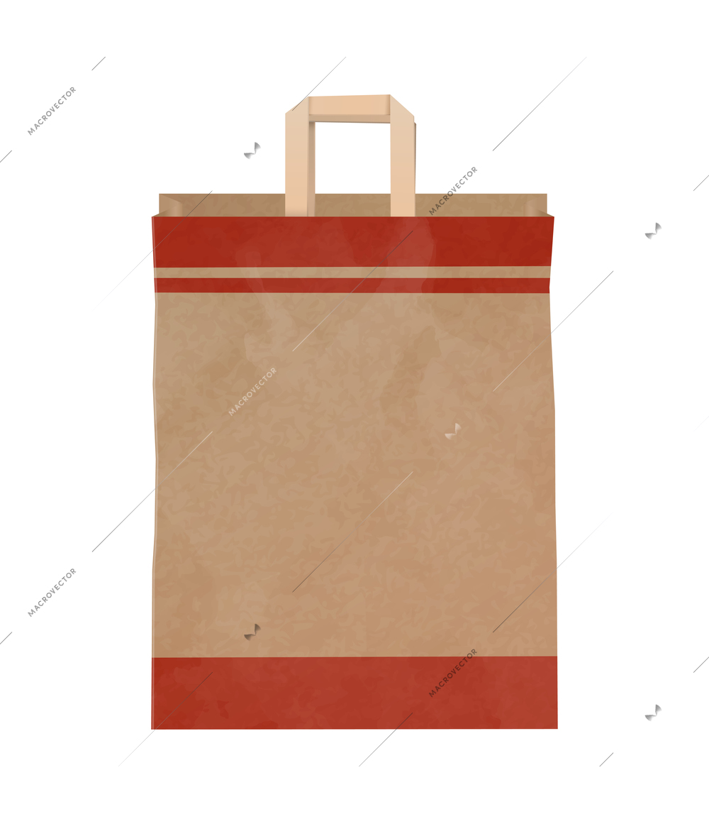 Paper shopping bag composition with isolated image of brown cardboard carrier bag with handles vector illustration