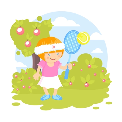 Girl kid with sport racquet playing tennis on the lawn outdoors background vector illustration