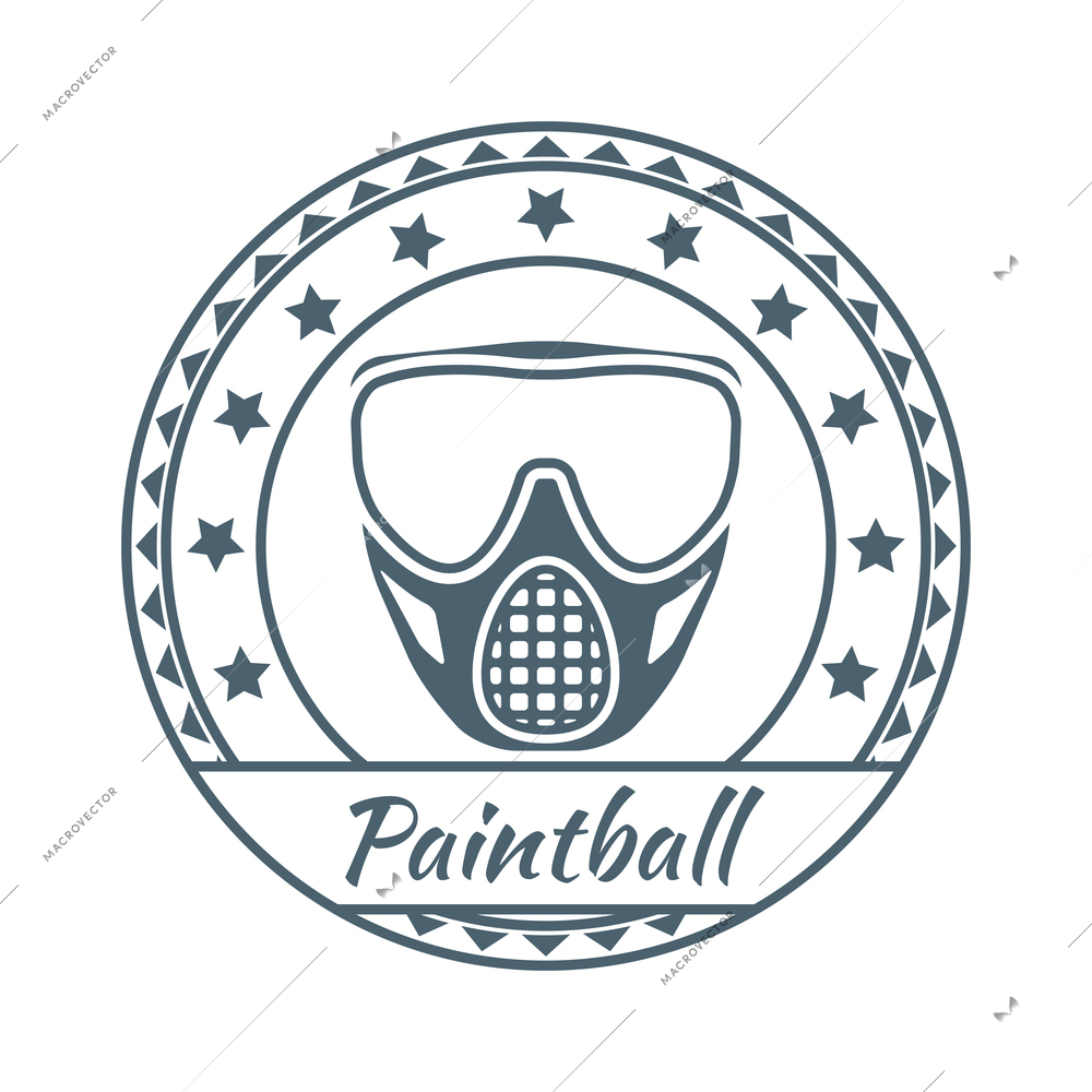 Paintball composition with isolated round emblem with editable text and icons of equipment vector illustration