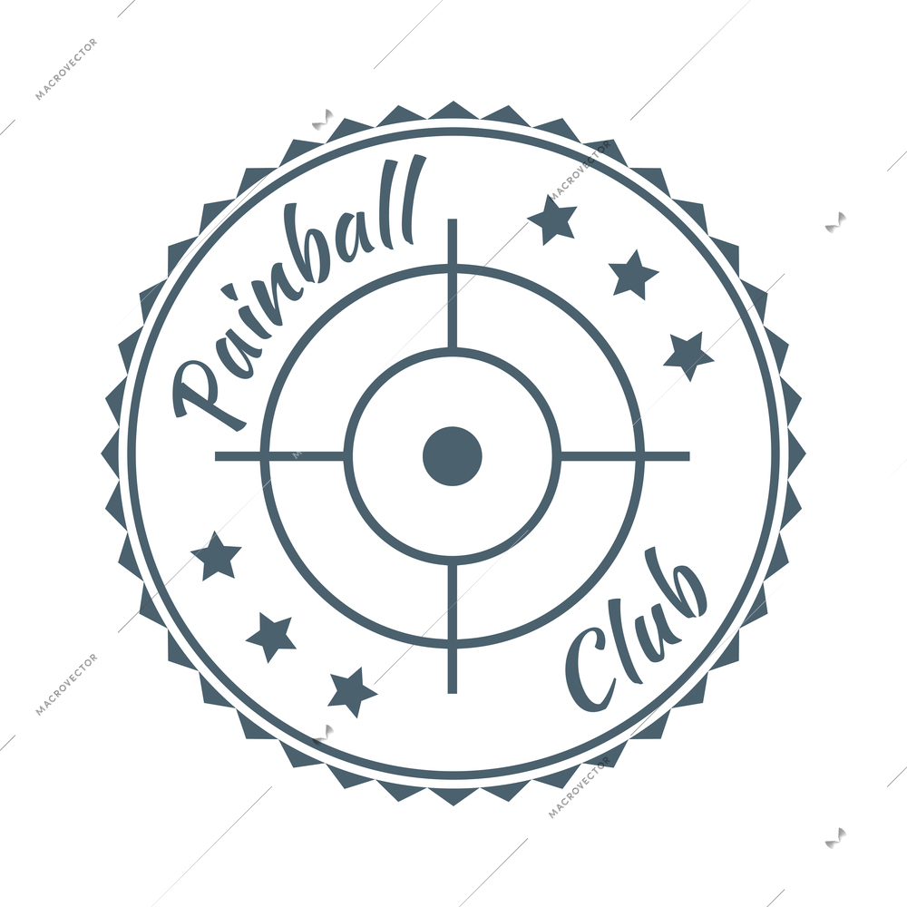 Paintball composition with isolated round emblem with editable text and icons of equipment vector illustration